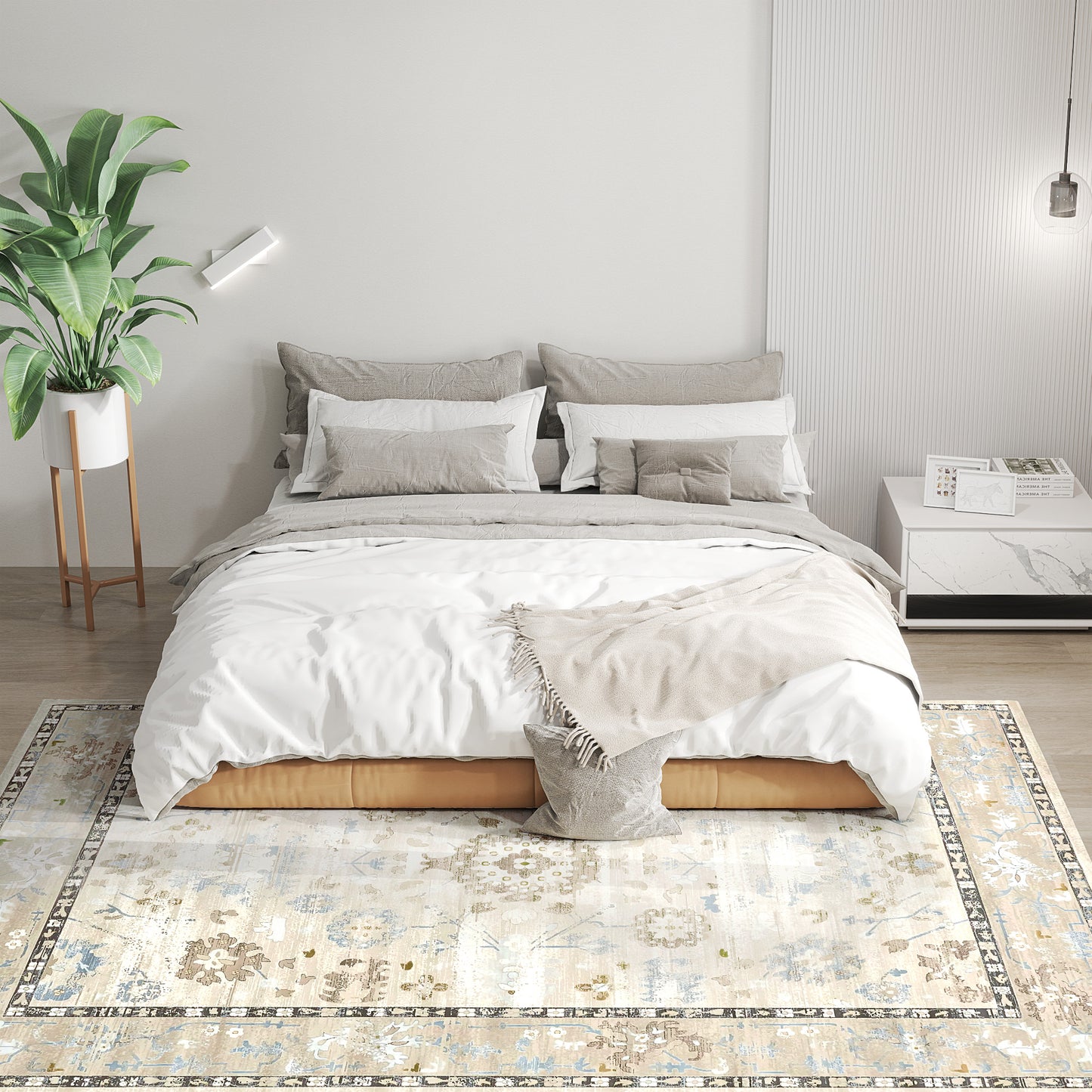 8x10 Vintage Boho Area Rug - Soft Washable Low Pile Carpet, Neutral Cream with Subtle Blue Accents
