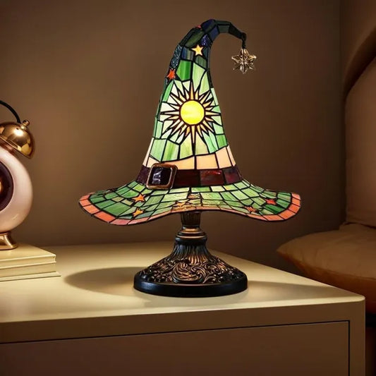 Witch Hat Stained Glass Table Lamp - Gothic Wizard Light, Halloween Decor, Witchy Bedroom Accent Lamp (4 Colors)