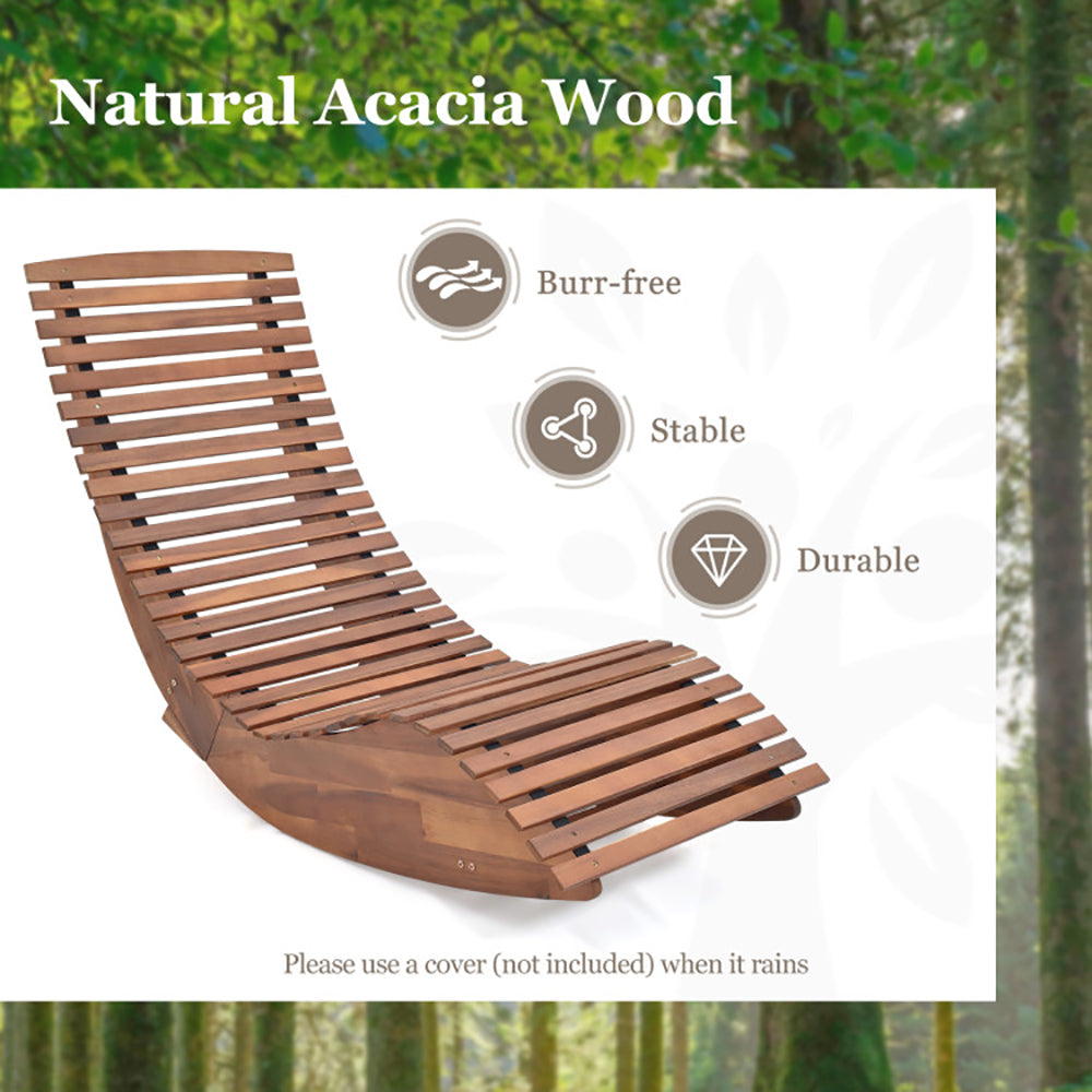 Outdoor Acacia Wood Rocking Lounge Chair - Ergonomic High Back Slatted Patio Rocker | Natural Finish Sun Lounger for Porch, Deck & Garden