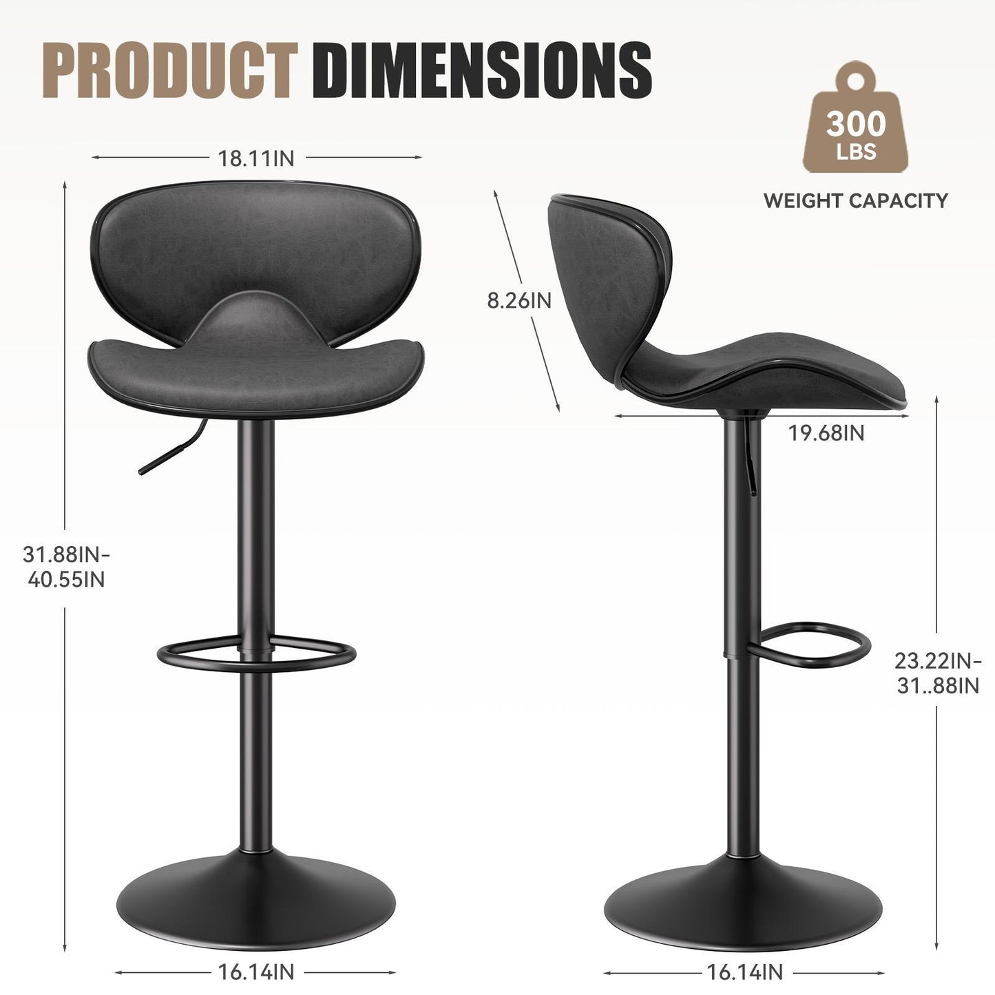 Modern Adjustable Swivel Bar Stools (Set of 2) - Black PU Leather Counter Height Chairs with Backrest & Footrest