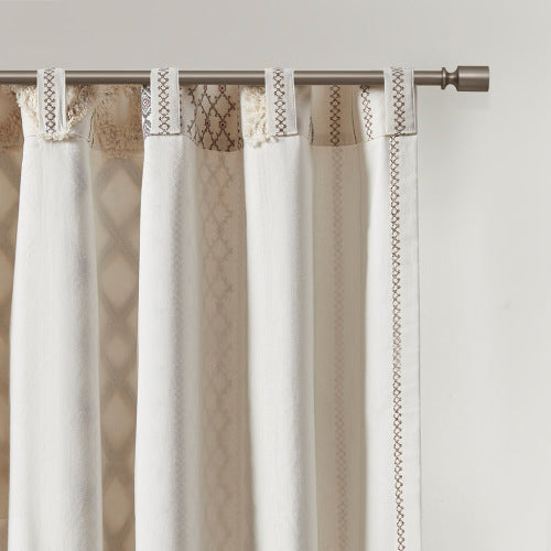 Ivory Boho Cotton Curtain Panel with Chenille Stripe - 50 x 84 Light Filtering Window Curtain (Single Panel)