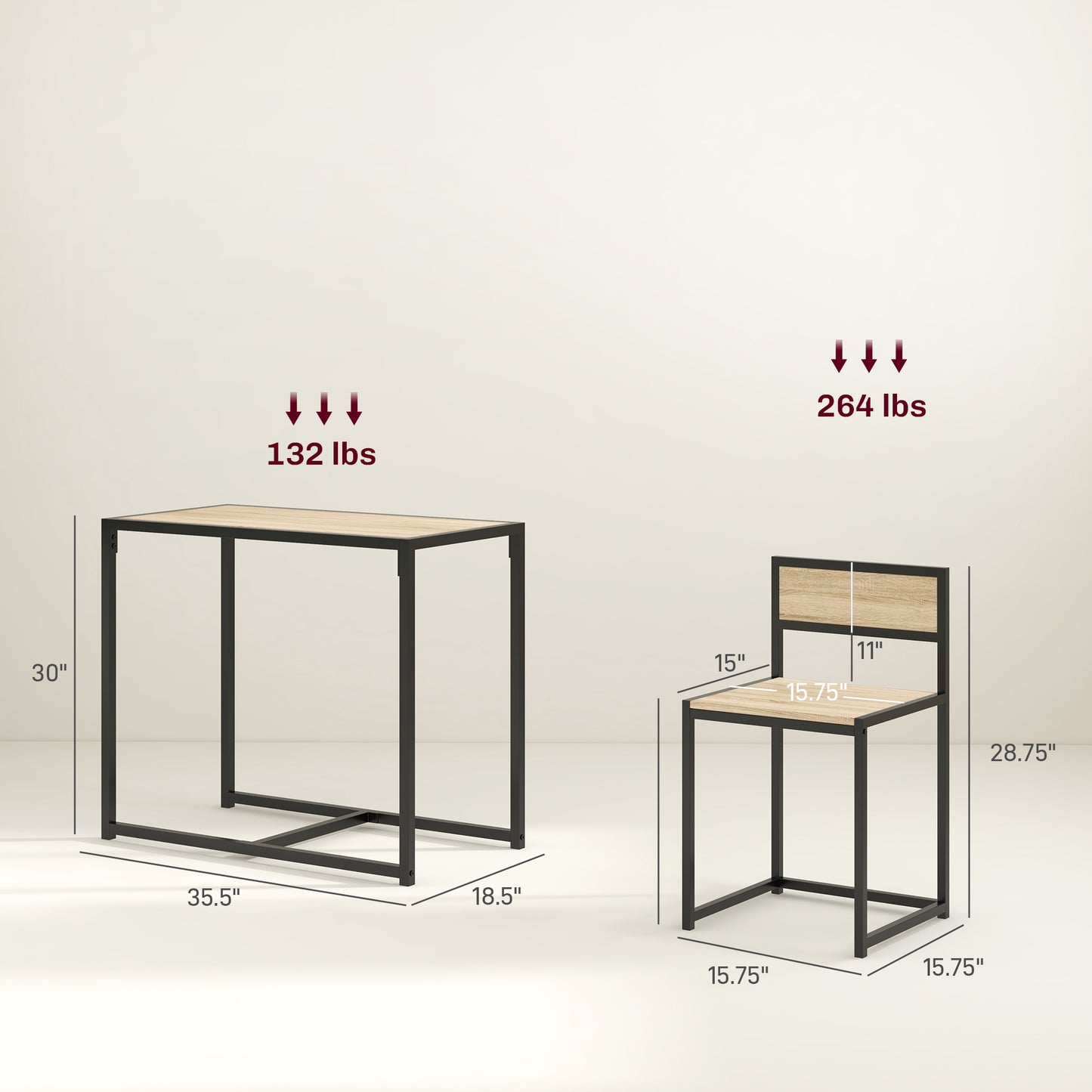 3-Piece Space-Saving Dining Set - Industrial Kitchen Table with 2 Chairs, Compact Small Space Dining Set (Oak & Black)