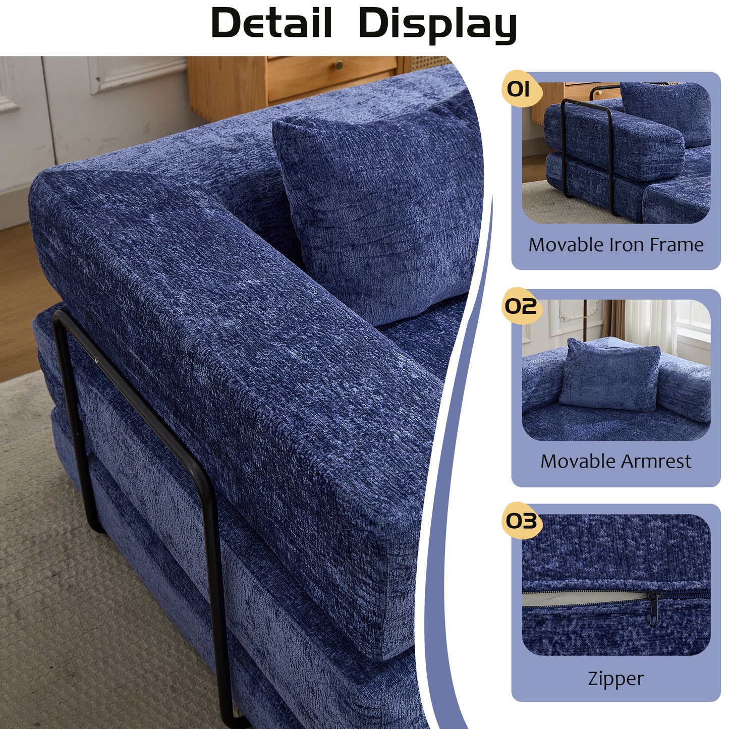Modular Compression Sofa Bed - 3-Seat Convertible Chenille Sectional with Memory Foam, No Assembly (Blue)