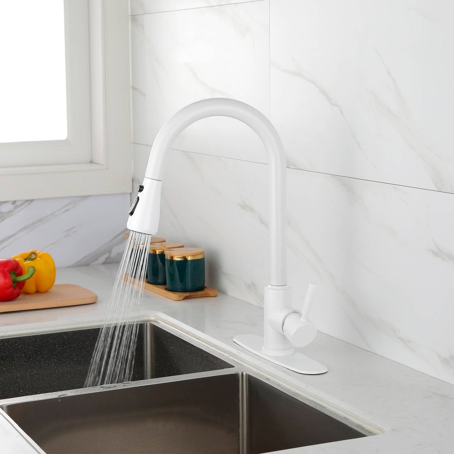Pull-Down Kitchen Faucet with Sprayer - Single Handle, 3 Spray Modes (White)