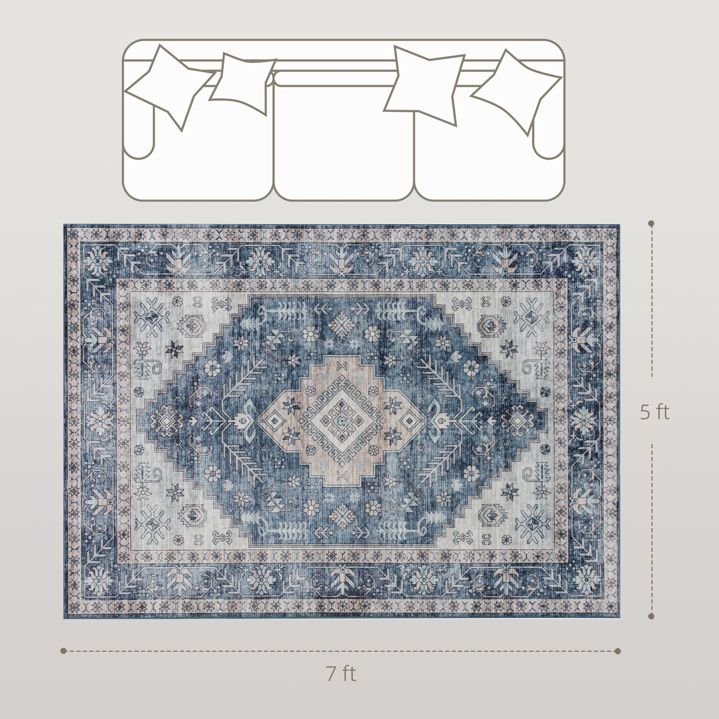 5x7 Vintage Washable Area Rug - Blue Distressed Non-Slip Carpet for Living Room, Bedroom & Dining Room | Soft Low Pile