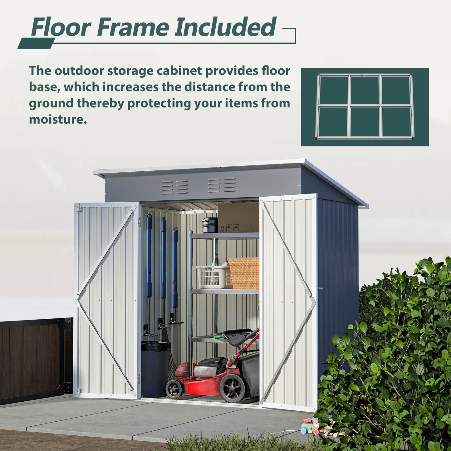 6'x4' Outdoor Metal Storage Shed with Lockable Doors & Floor Frame - Weather-Resistant Garden Tool Shed for Backyard, Patio & Trash Storage