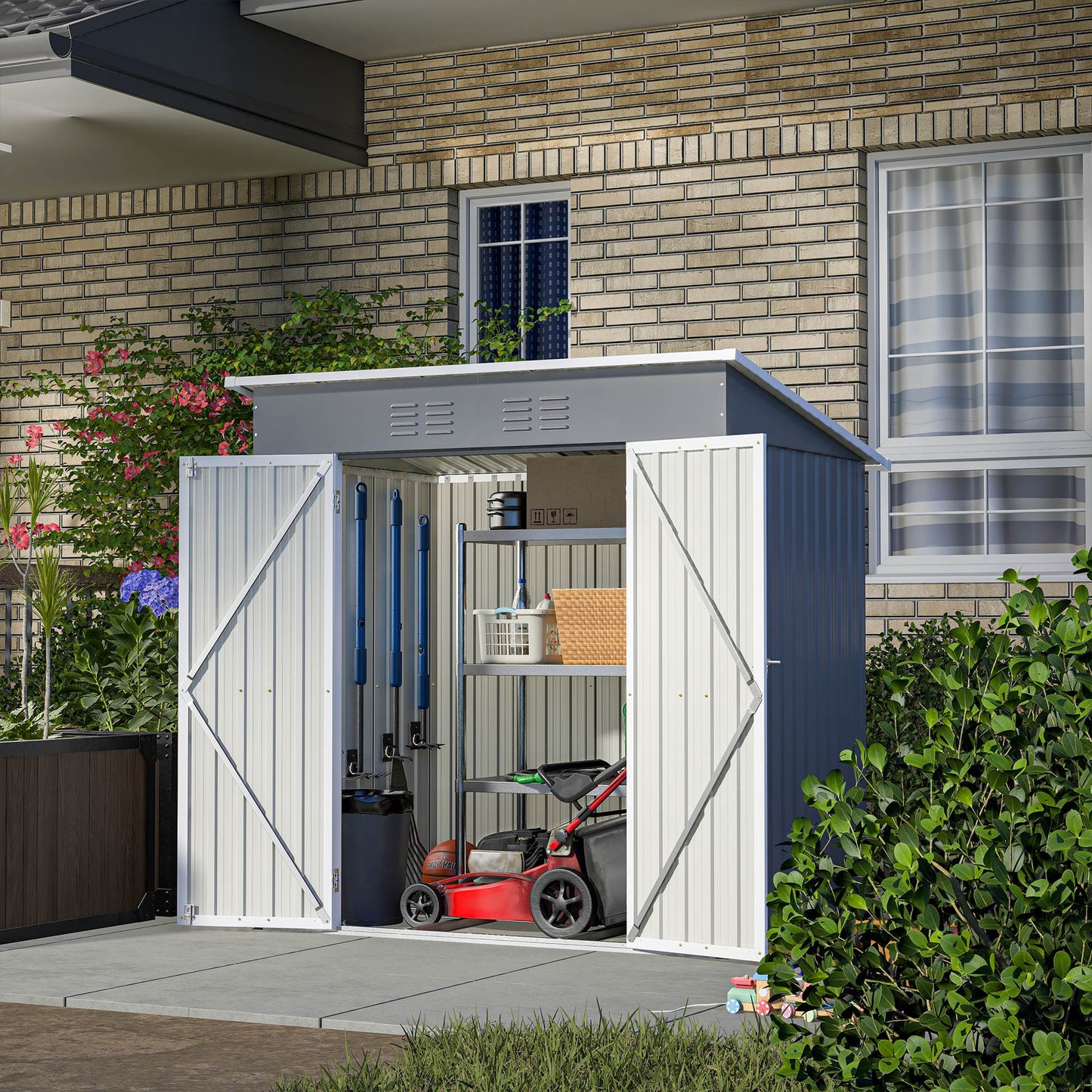 6'x4' Outdoor Metal Storage Shed with Lockable Doors & Floor Frame - Weather-Resistant Garden Tool Shed for Backyard, Patio & Trash Storage