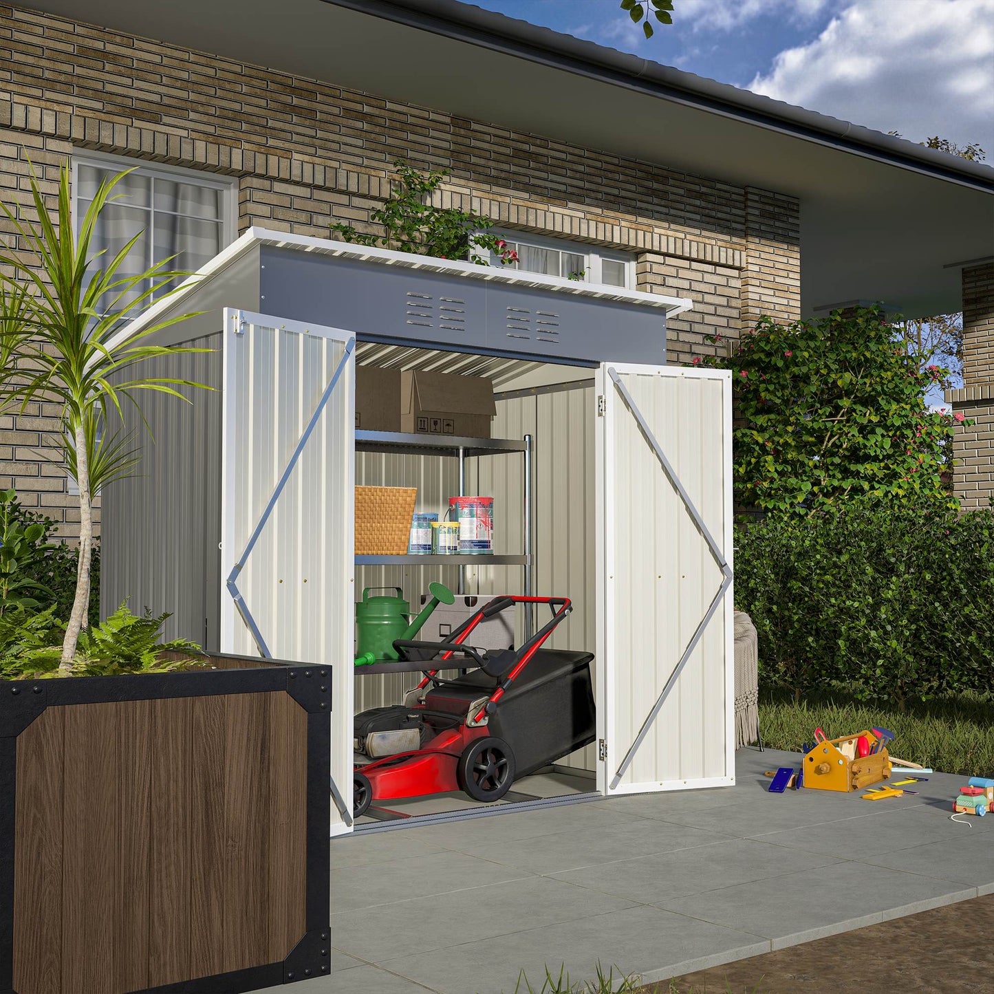 6'x4' Outdoor Metal Storage Shed with Lockable Doors & Floor Frame - Weather-Resistant Garden Tool Shed for Backyard, Patio & Trash Storage