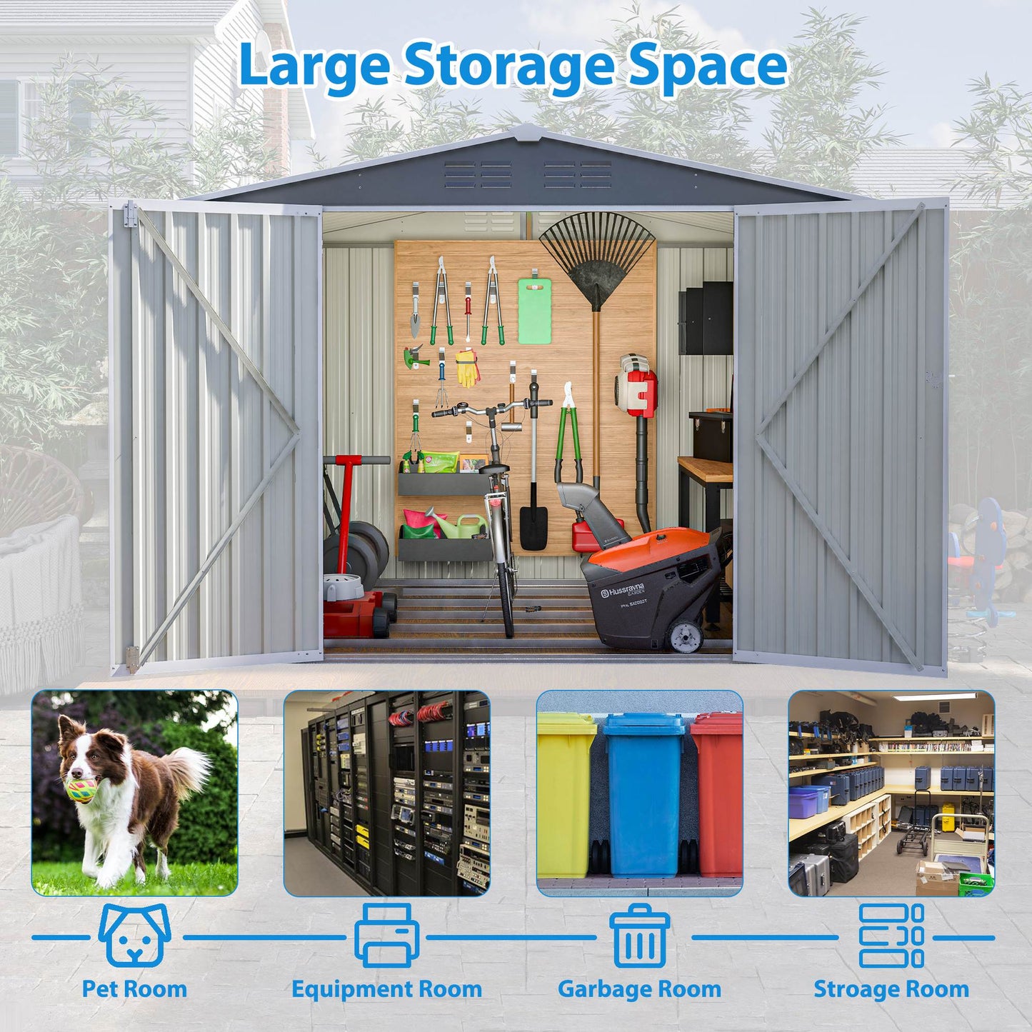 8x6 ft Outdoor Metal Storage Shed with Floor Frame - Waterproof Garden Tool Shed with Lockable Doors & Air Vents - Backyard Storage House (Gray)