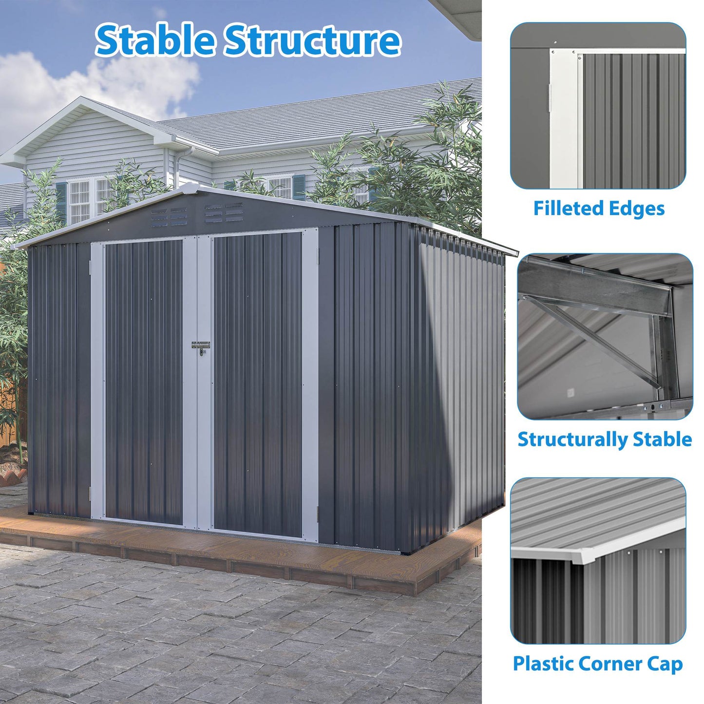 8x6 ft Outdoor Metal Storage Shed with Floor Frame - Waterproof Garden Tool Shed with Lockable Doors & Air Vents - Backyard Storage House (Gray)