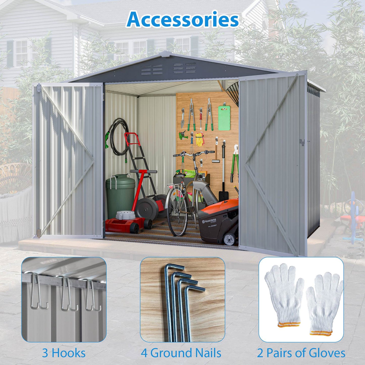 8x6 ft Outdoor Metal Storage Shed with Floor Frame - Waterproof Garden Tool Shed with Lockable Doors & Air Vents - Backyard Storage House (Gray)