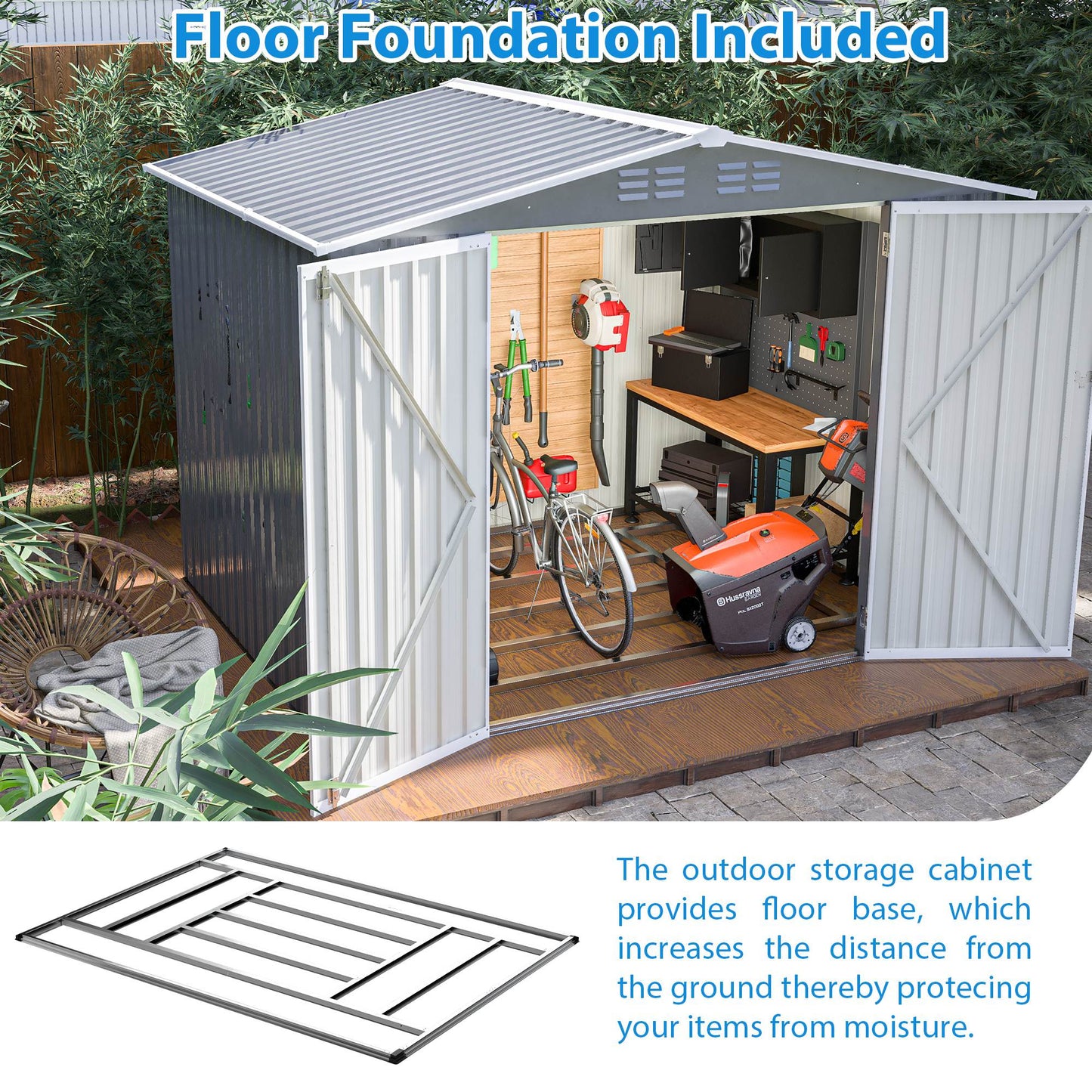 8x6 ft Outdoor Metal Storage Shed with Floor Frame - Waterproof Garden Tool Shed with Lockable Doors & Air Vents - Backyard Storage House (Gray)