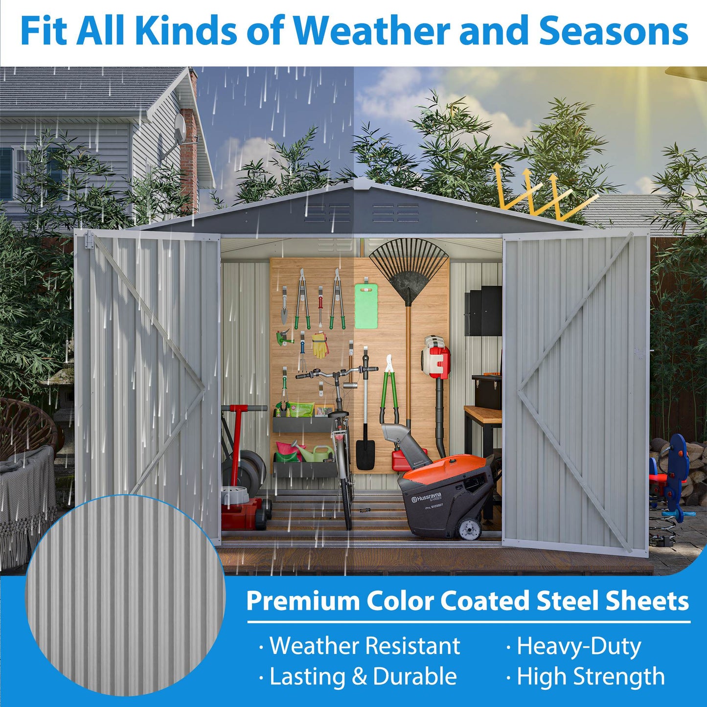 8x6 ft Outdoor Metal Storage Shed with Floor Frame - Waterproof Garden Tool Shed with Lockable Doors & Air Vents - Backyard Storage House (Gray)