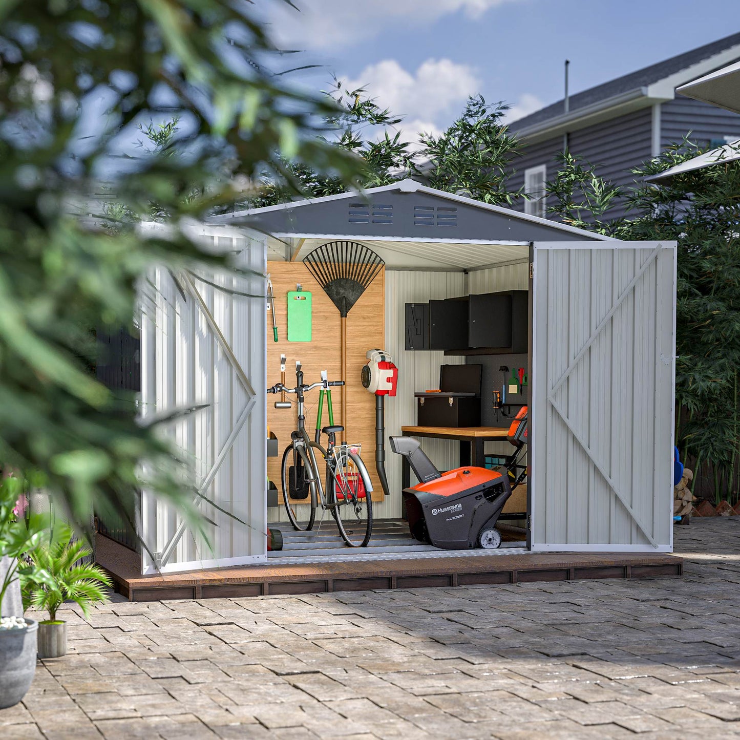 8x6 ft Outdoor Metal Storage Shed with Floor Frame - Waterproof Garden Tool Shed with Lockable Doors & Air Vents - Backyard Storage House (Gray)