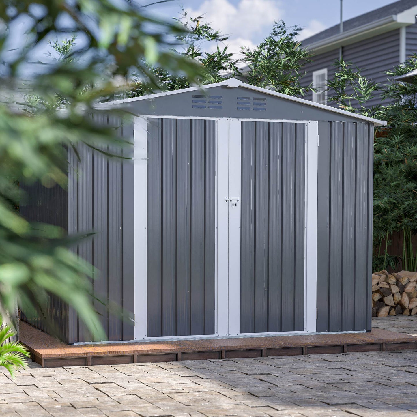 8x6 ft Outdoor Metal Storage Shed with Floor Frame - Waterproof Garden Tool Shed with Lockable Doors & Air Vents - Backyard Storage House (Gray)