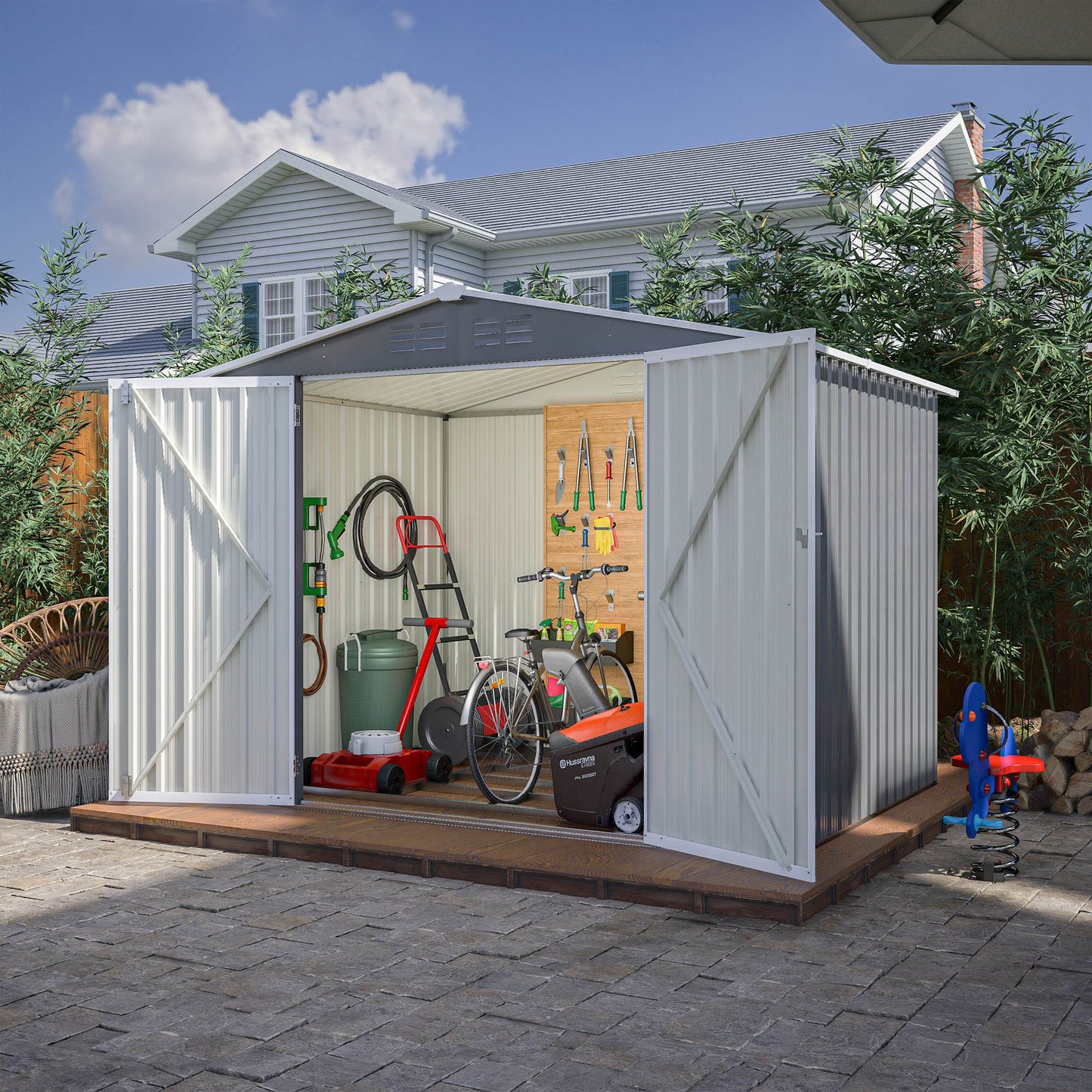 8x6 ft Outdoor Metal Storage Shed with Floor Frame - Waterproof Garden Tool Shed with Lockable Doors & Air Vents - Backyard Storage House (Gray)