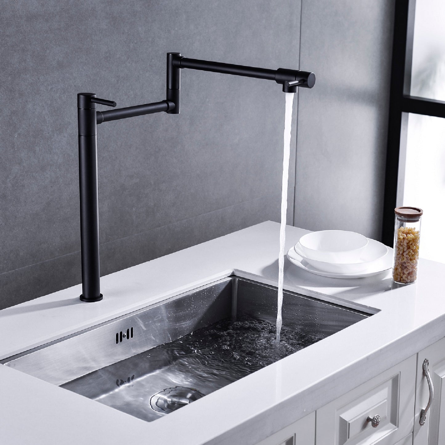 Matte Black Pot Filler Faucet with Dual Handles - 360 degree Swivel Kitchen Faucet with Folding Arm - Deck Mount Brass Pot Filler