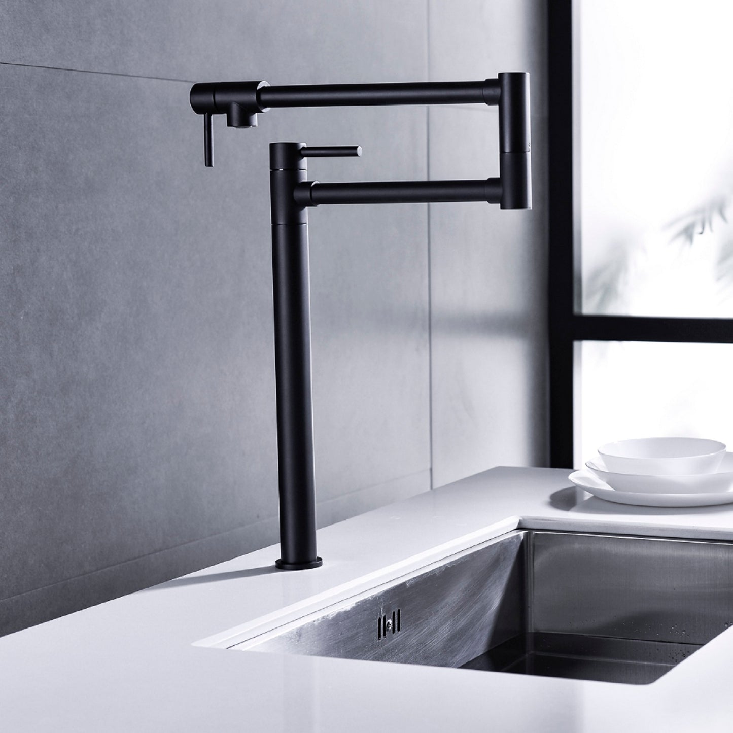 Matte Black Pot Filler Faucet with Dual Handles - 360 degree Swivel Kitchen Faucet with Folding Arm - Deck Mount Brass Pot Filler