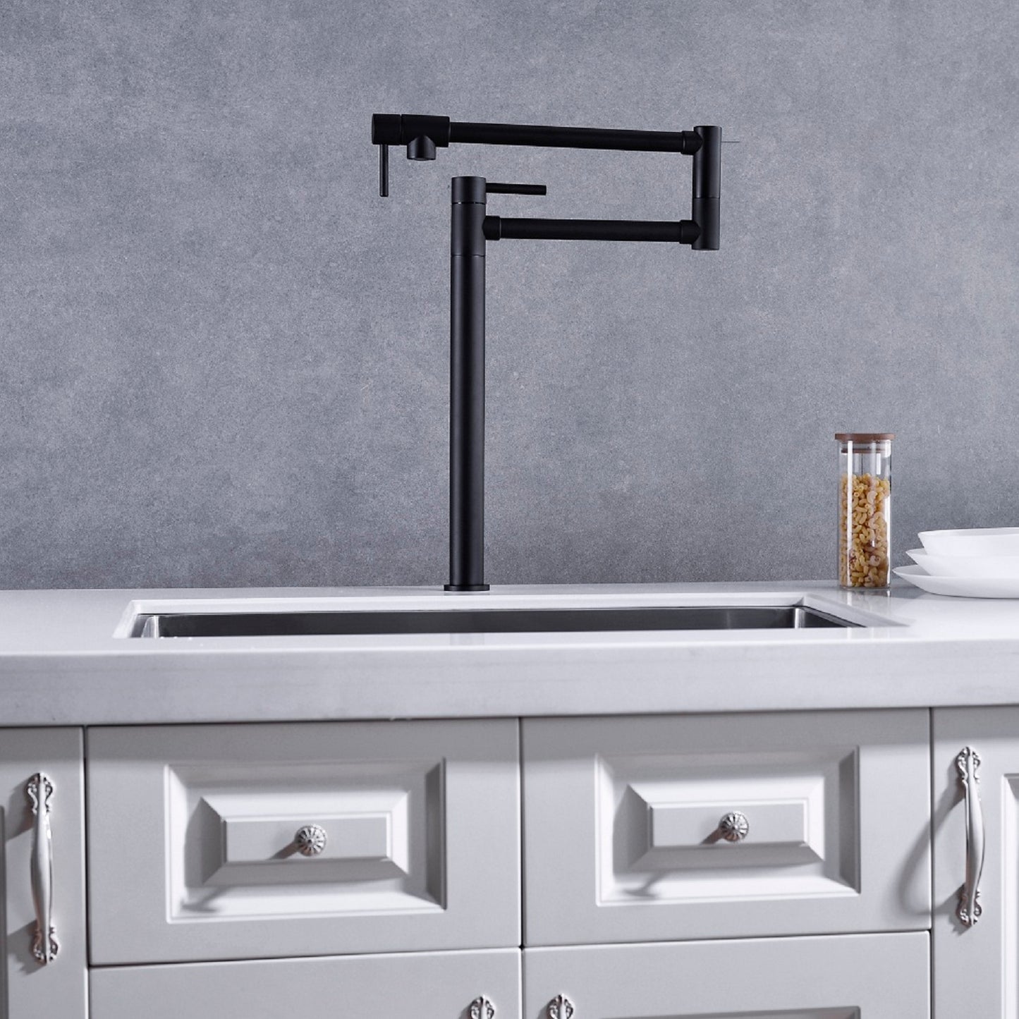 Matte Black Pot Filler Faucet with Dual Handles - 360 degree Swivel Kitchen Faucet with Folding Arm - Deck Mount Brass Pot Filler