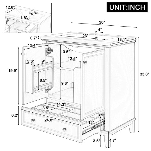 36" Bathroom Vanity With Sink - Modern Storage Cabinet with Drawers & Open Shelf (Green or White)