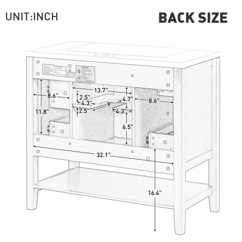 36" Bathroom Vanity With Sink - Modern Storage Cabinet with Drawers & Open Shelf (Green or White)