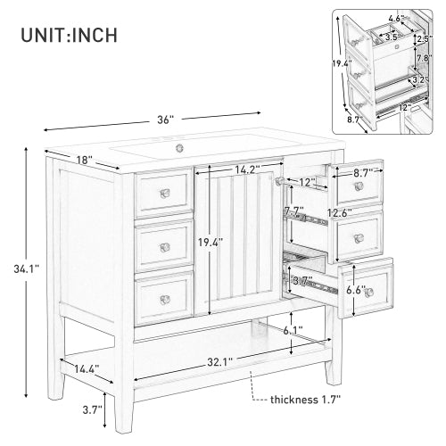 36" Bathroom Vanity With Sink - Modern Storage Cabinet with Drawers & Open Shelf (Green or White)