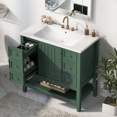 36" Bathroom Vanity With Sink - Modern Storage Cabinet with Drawers & Open Shelf (Green or White)