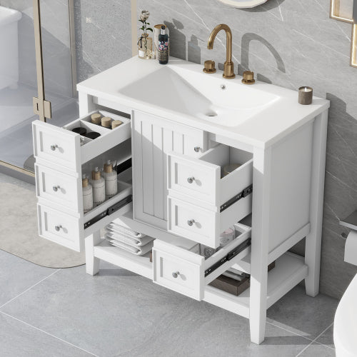 36" Bathroom Vanity With Sink - Modern Storage Cabinet with Drawers & Open Shelf (Green or White)