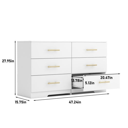 Wildflower White 6-Drawer Dresser with Gold Handles - Modern Farmhouse Storage Cabinet for Bedroom or Guest Room