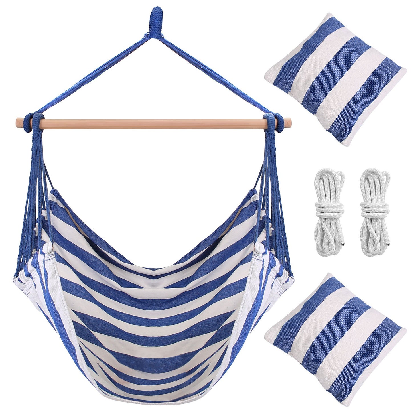 Striped Hanging Hammock Chair with Pillows - Canvas Swing Seat with Wooden Bar, Portable Indoor/Outdoor Rope Chair (Blue/Red)