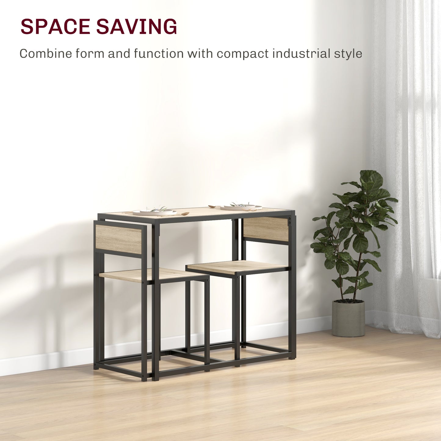 3-Piece Space-Saving Dining Set - Industrial Kitchen Table with 2 Chairs, Compact Small Space Dining Set (Oak & Black)