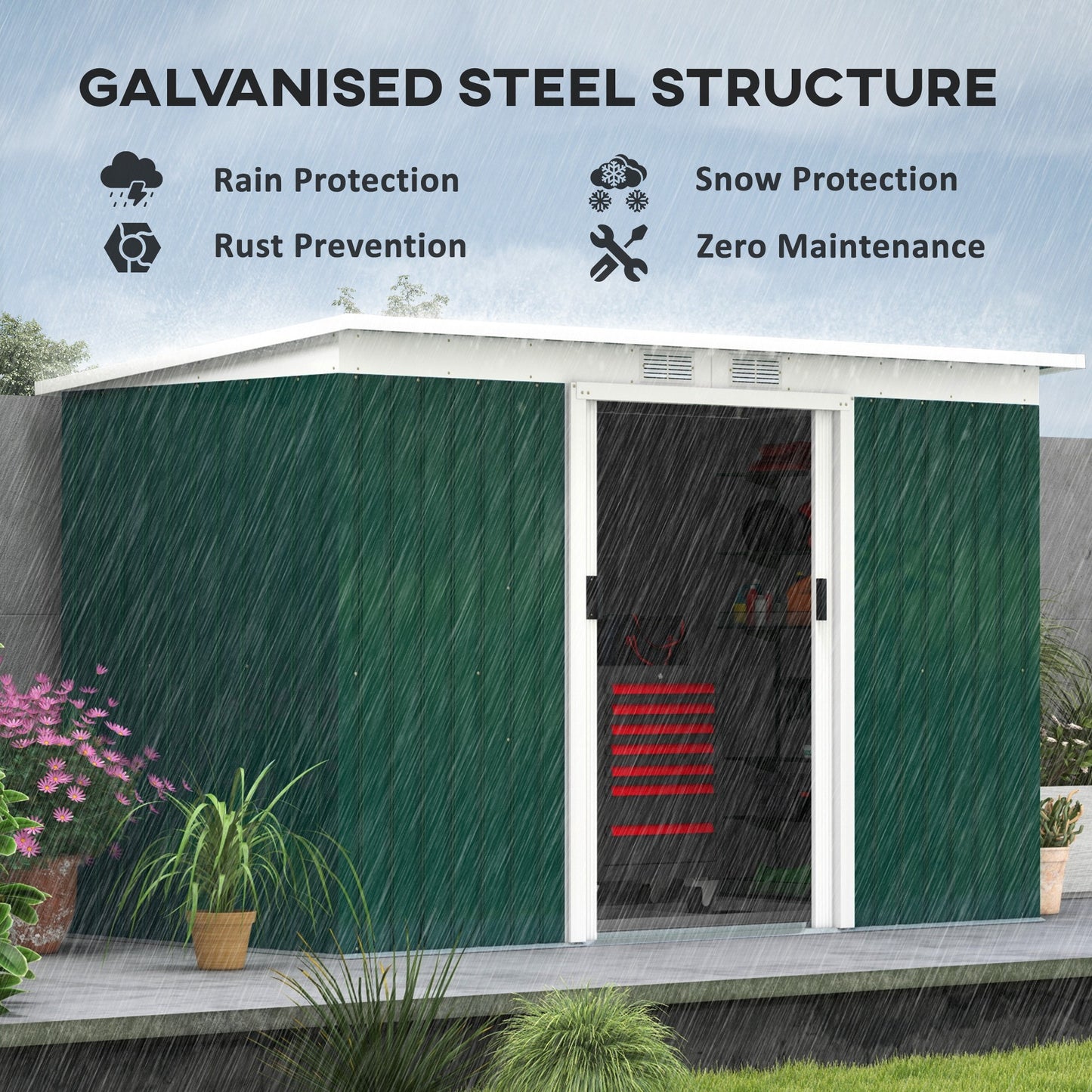 9 x 4.5 ft Lean-to Metal Storage Shed - Green Outdoor Garden Shed with Sliding Doors, Ventilation & Foundation Frame.