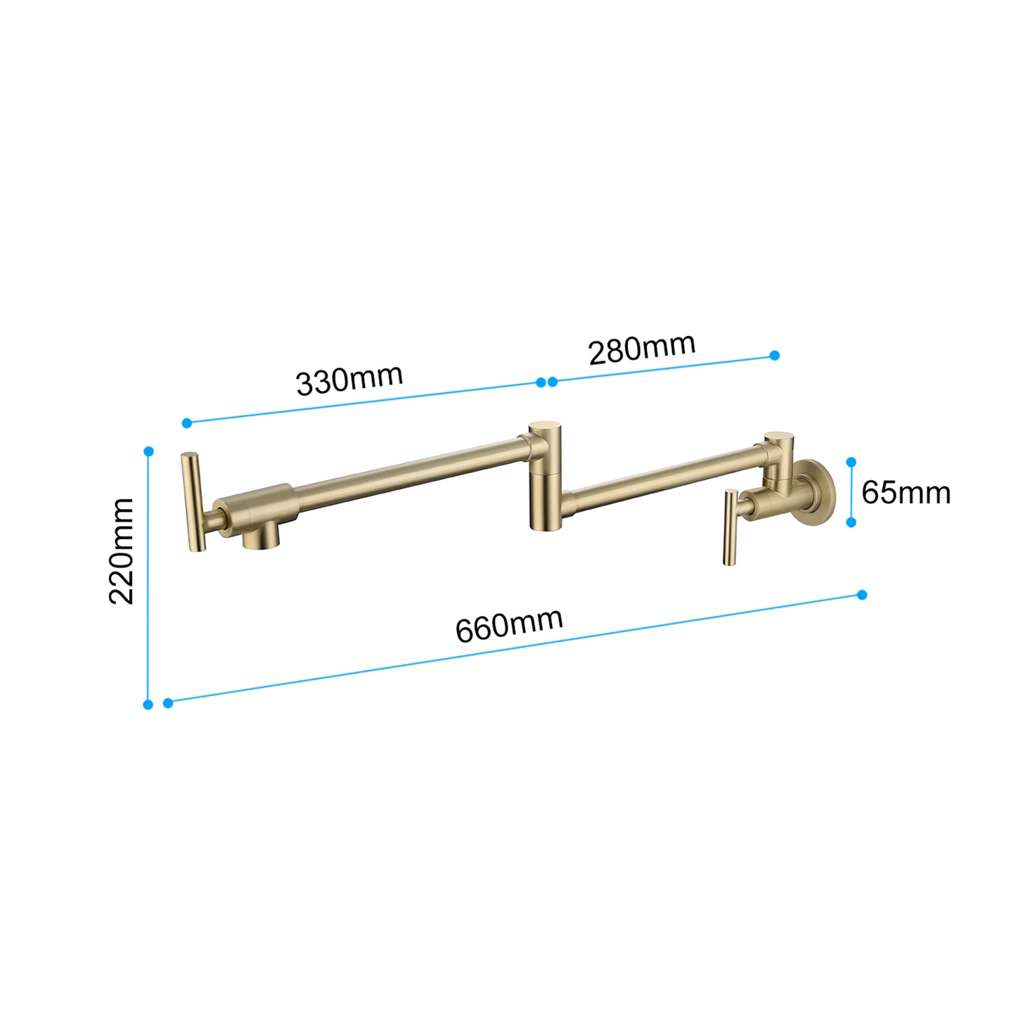 Brushed Gold Wall Mount Pot Filler Faucet | Dual Handle Folding Kitchen Faucet with 360 degree Swivel
