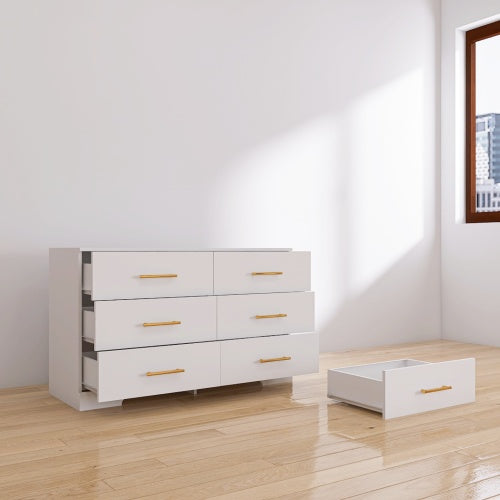 Wildflower White 6-Drawer Dresser with Gold Handles - Modern Farmhouse Storage Cabinet for Bedroom or Guest Room