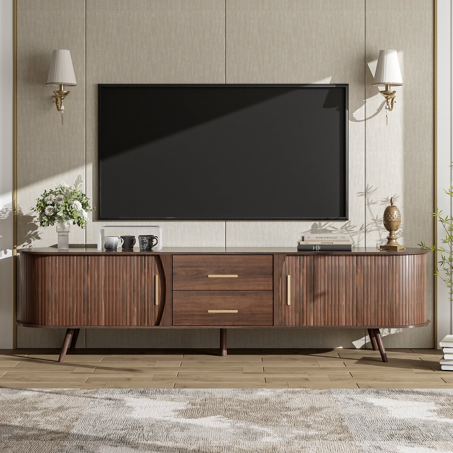 The "Horizon Oval" 71" Mid-Century Console | Solid Wood Leg Media Center with Space-Saving Sliding Doors