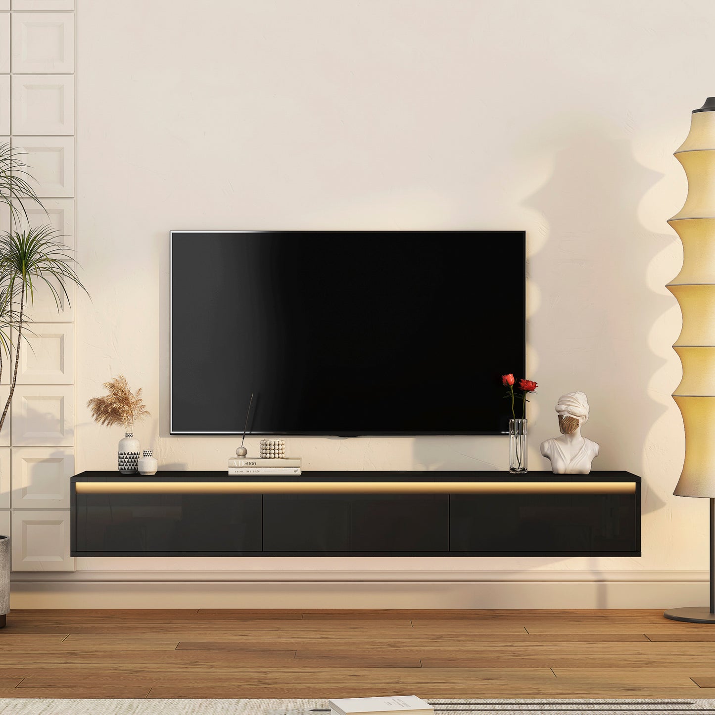 Floating TV Stand with LED Lights - Wall Mounted Entertainment Center with Storage Shelves, Power Outlets & USB Ports (Black High Gloss)