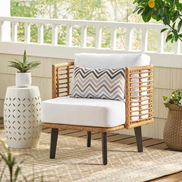 Woven Outdoor Club Chair with Cushions - Modern Rattan Accent Chair for Patio, Porch & Lounge Spaces