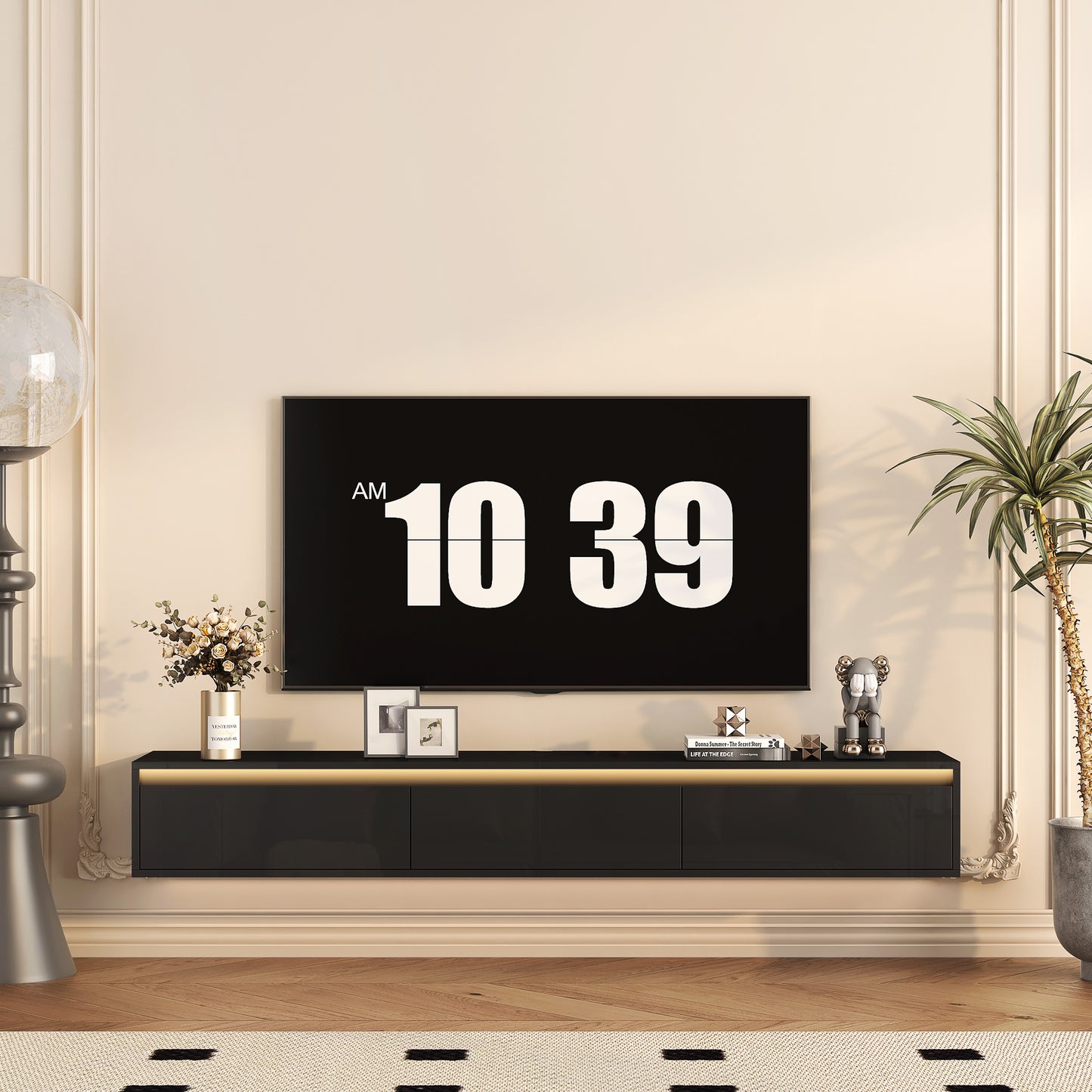 Floating TV Stand with LED Lights - Wall Mounted Entertainment Center with Storage Shelves, Power Outlets & USB Ports (Black High Gloss)