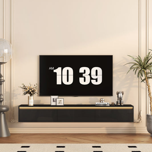 Floating TV Stand with LED Lights - Wall Mounted Entertainment Center with Storage Shelves, Power Outlets & USB Ports (Black High Gloss)