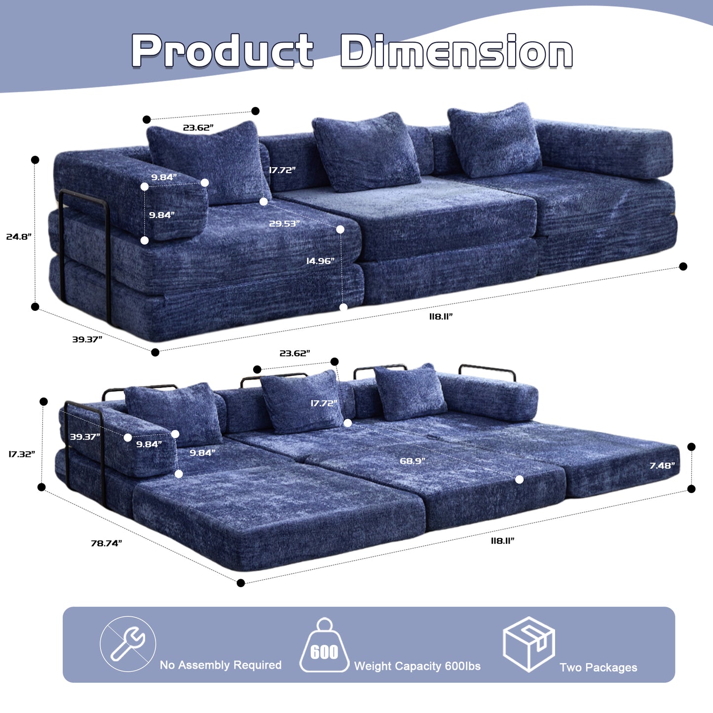 Modular Compression Sofa Bed - 3-Seat Convertible Chenille Sectional with Memory Foam, No Assembly (Blue)