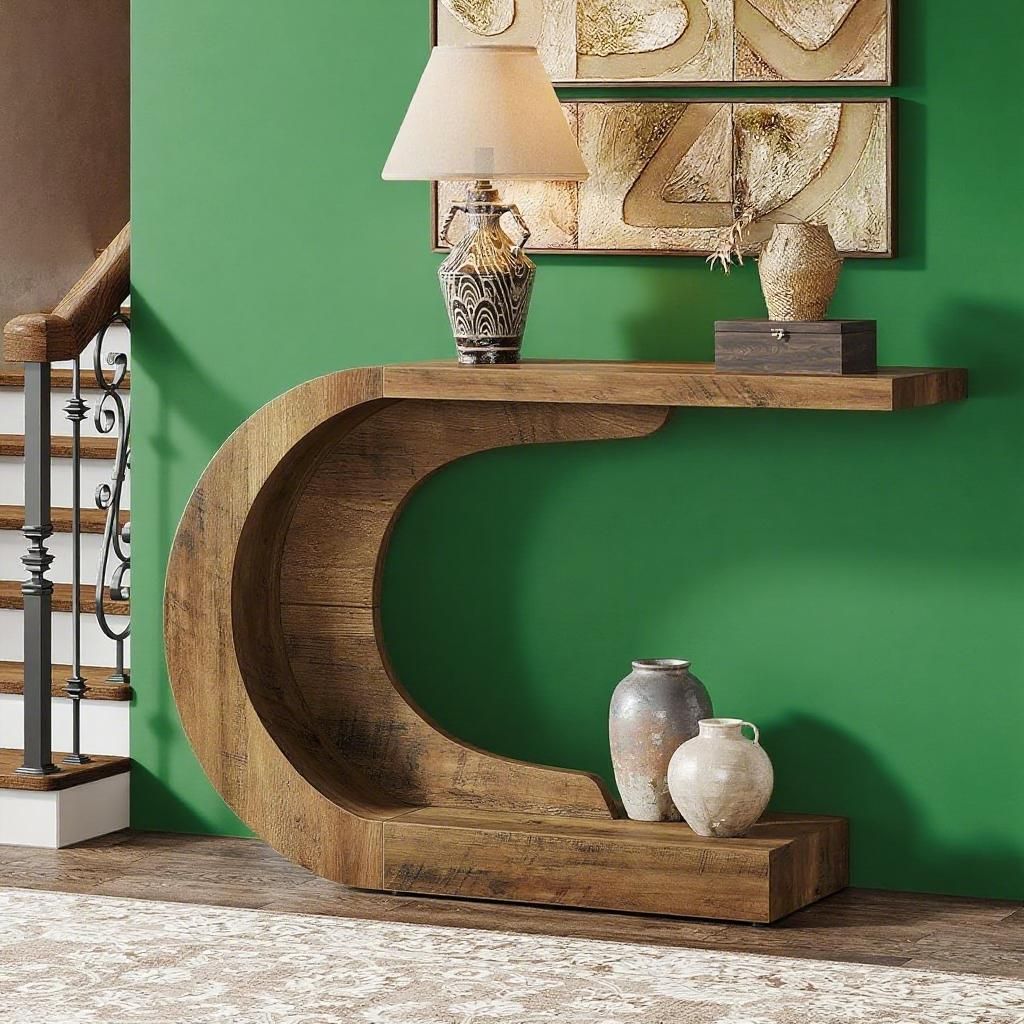 Modern Curved C-Shaped Console Table - Sculptural Wood Entryway Accent Table for Hallway or Living Room