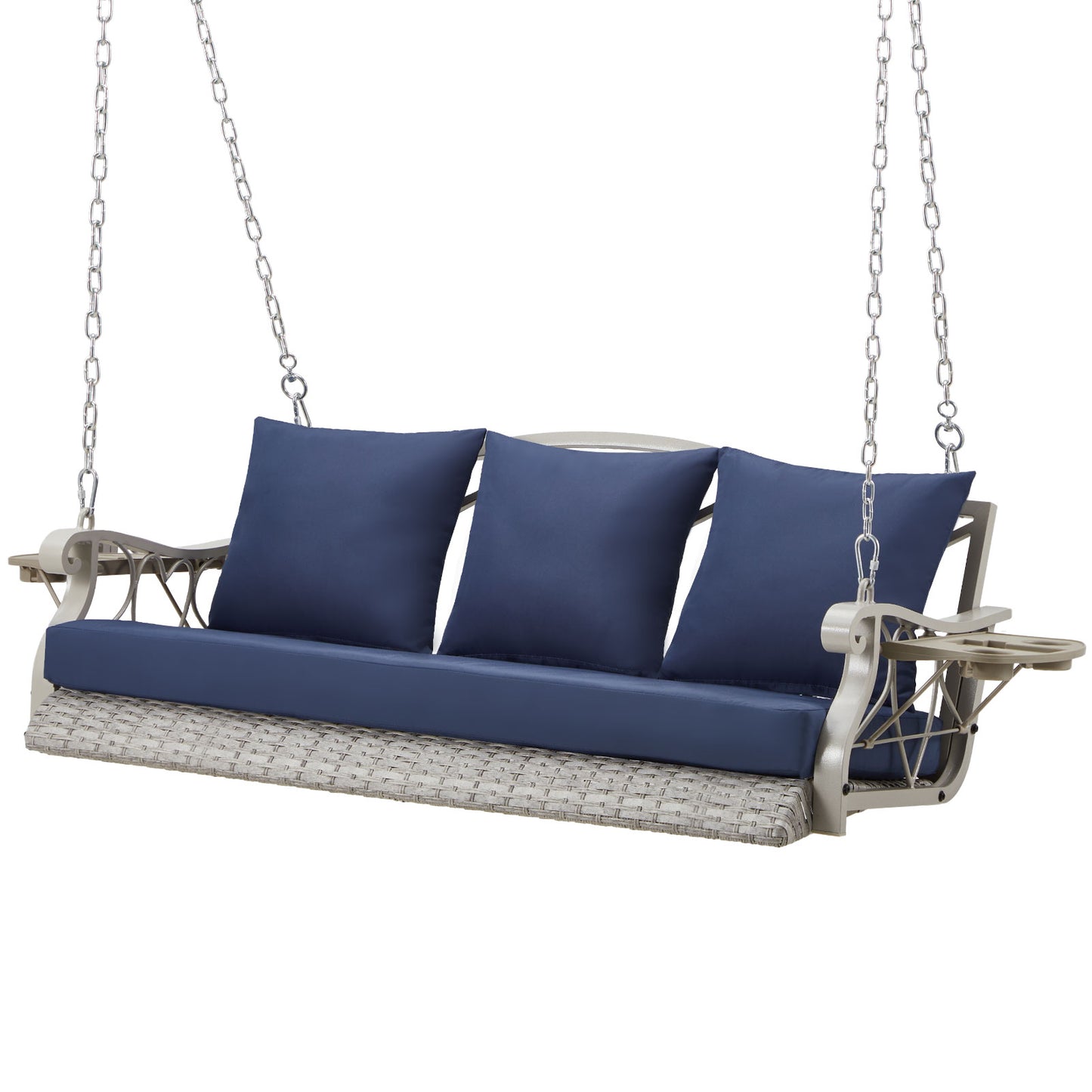 Outdoor Hanging Porch Swing Bench - Woven Rattan 3-Seat Swing with Cushions, Foldable Cup Holders & 900 lb Capacity (Chain Hung)