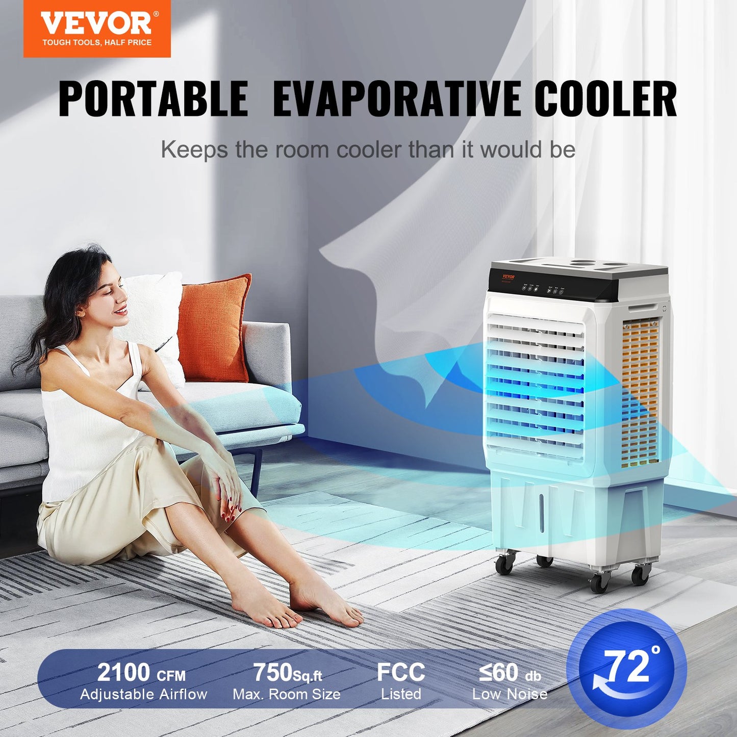 VEVOR 2100 CFM Evaporative Air Cooler - 7 Gallon Portable Swamp Cooler with Oscillation, Timer & Remote for Indoor/Outdoor Use