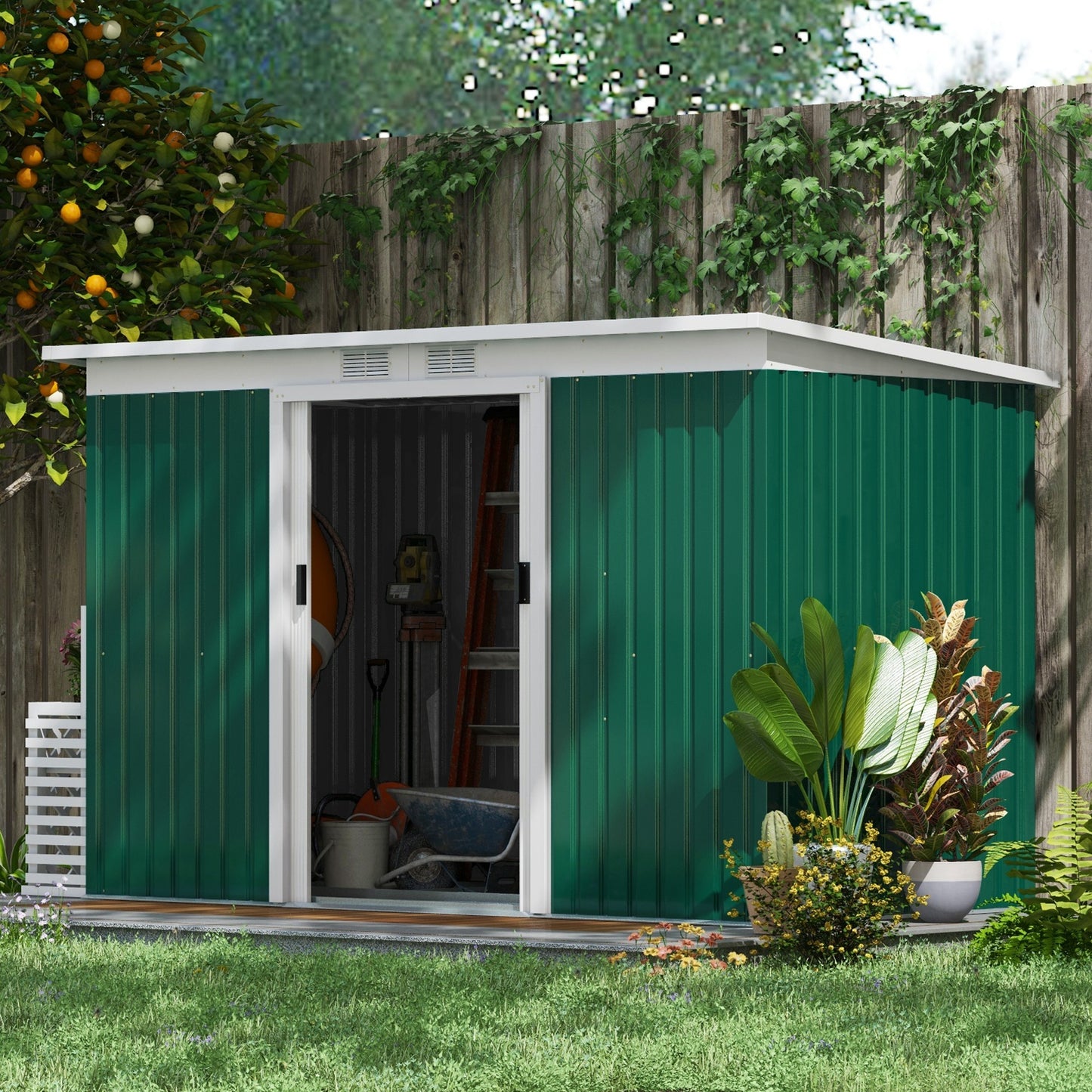 9 x 4.5 ft Lean-to Metal Storage Shed - Green Outdoor Garden Shed with Sliding Doors, Ventilation & Foundation Frame.
