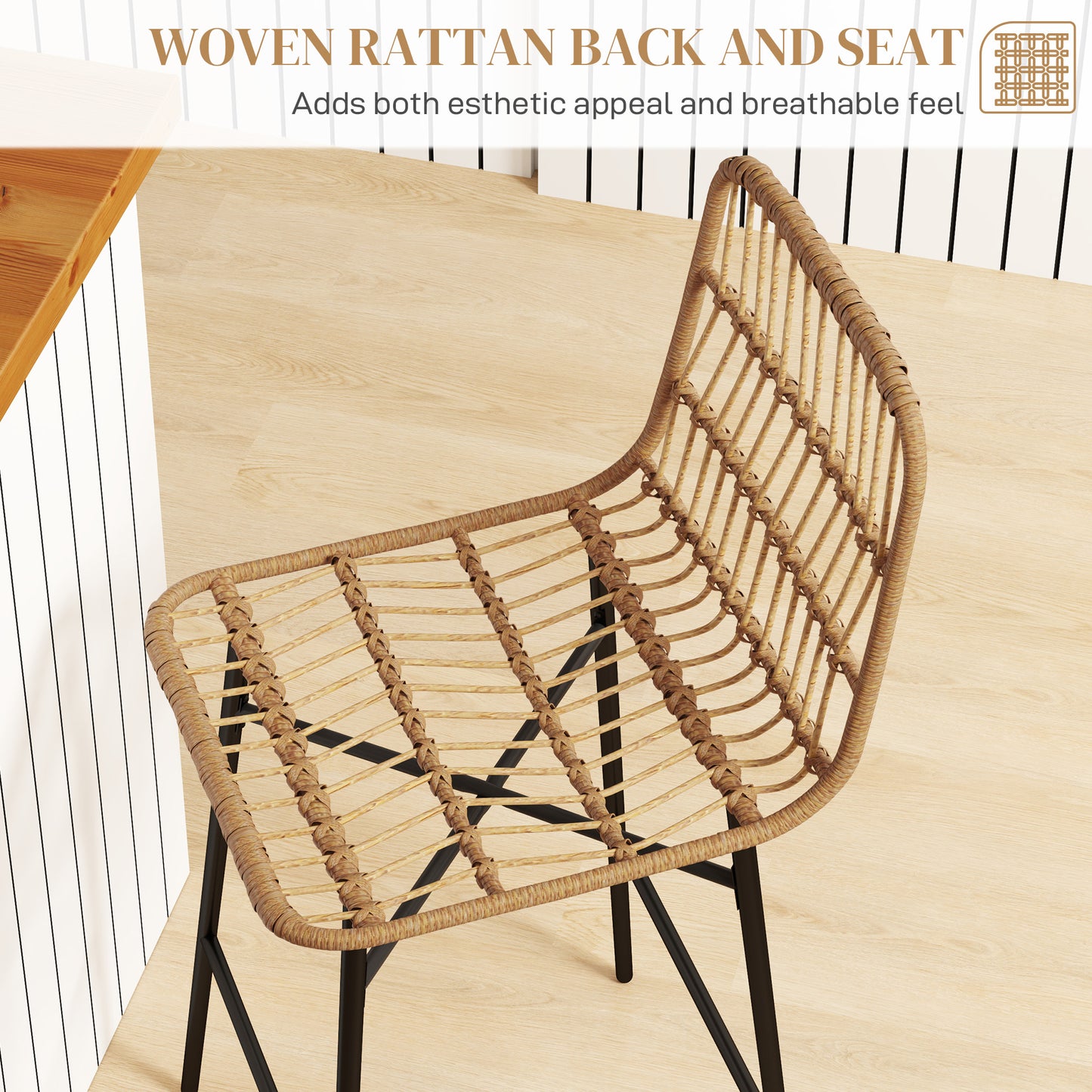 Modern Rattan Counter Stools Set of 2 - 26" Kitchen Island Bar Chairs with Backrest & Metal Frame