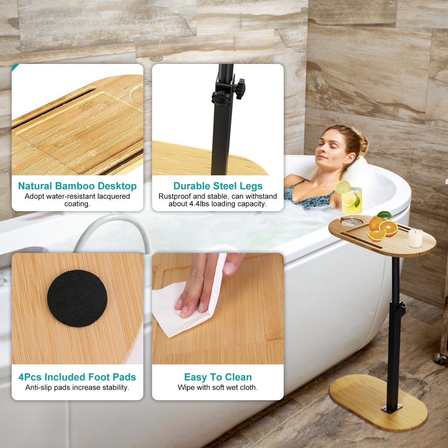 Adjustable C-Shaped Bath Tray Table - 360 degree Rotating Bamboo Bath Caddy for Tub, Sofa or Bed, Freestanding Side Table