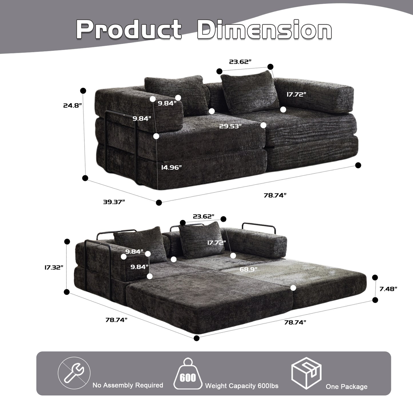 Convertible Floor Sofa Bed - Modular Memory Foam Lounge Couch (78" Sleeper, No Assembly)