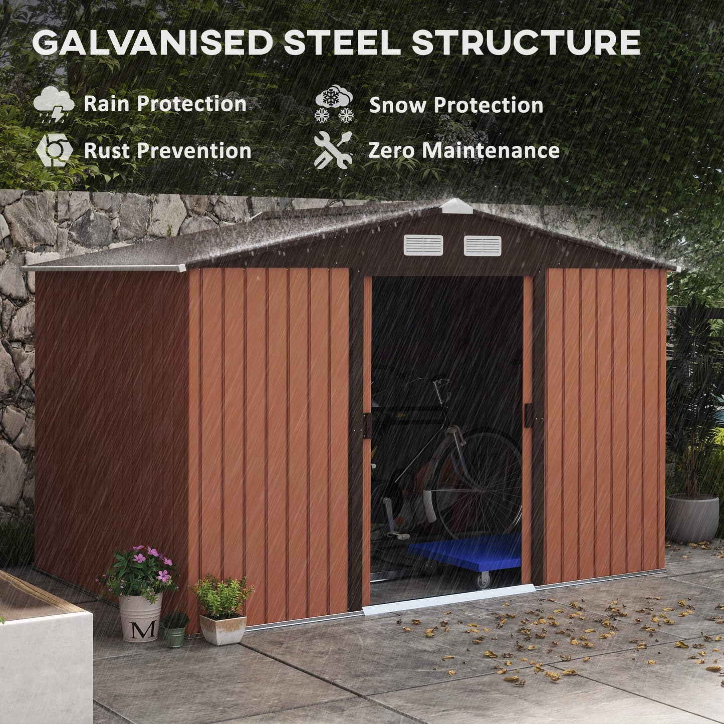 9x6 Outdoor Metal Storage Shed with Foundation Kit - Steel Garden Tool Shed with Sliding Double Doors & Ventilation