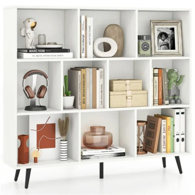 Modern 10-Cube Storage Bookcase with Metal Legs - 3-Tier Organizer Shelf (White/Black)