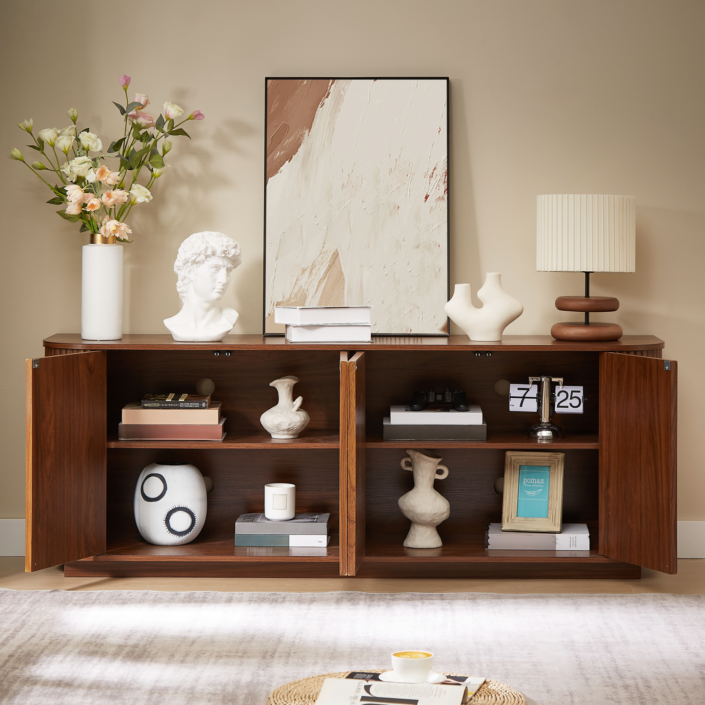64" Fluted Sideboard Cabinet - Modern Walnut Storage Console for Living Room, Entryway or TV Stand
